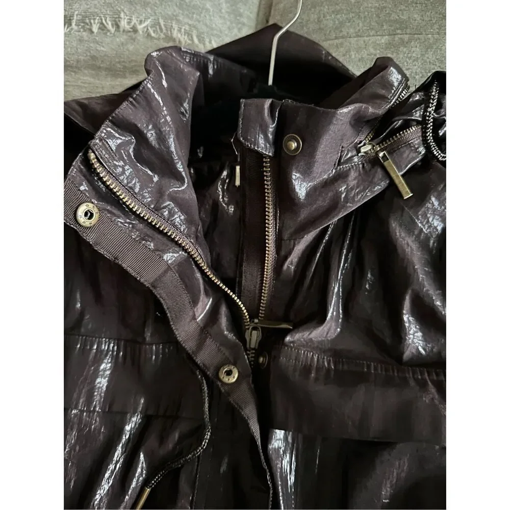 Chico's Size‎ 1 Jacket Coat Womens Medium 3/4 Sleeve Hooded Shiny Brown Pockets